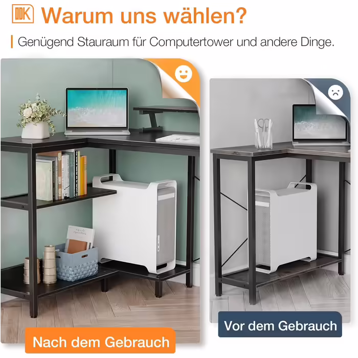 ODK L-Shaped Desk, Desk with Shelf Reversible, Gaming Desk L Shape Desk with Monitor Stand, Computer Desk PC Desk Office Desk for Home Office (Brown, 120x80x88cm)