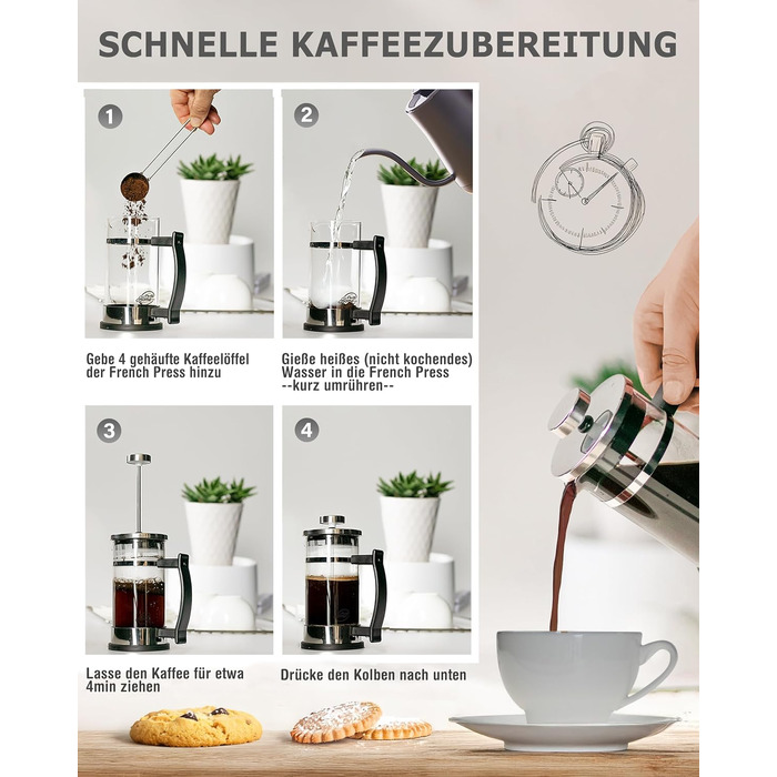 Френч-прес скляний 0,6 л з нержавіючої сталі - набір для приготування кави з запасним фільтром та ложкою - ручна кавомашина для кави та чаю