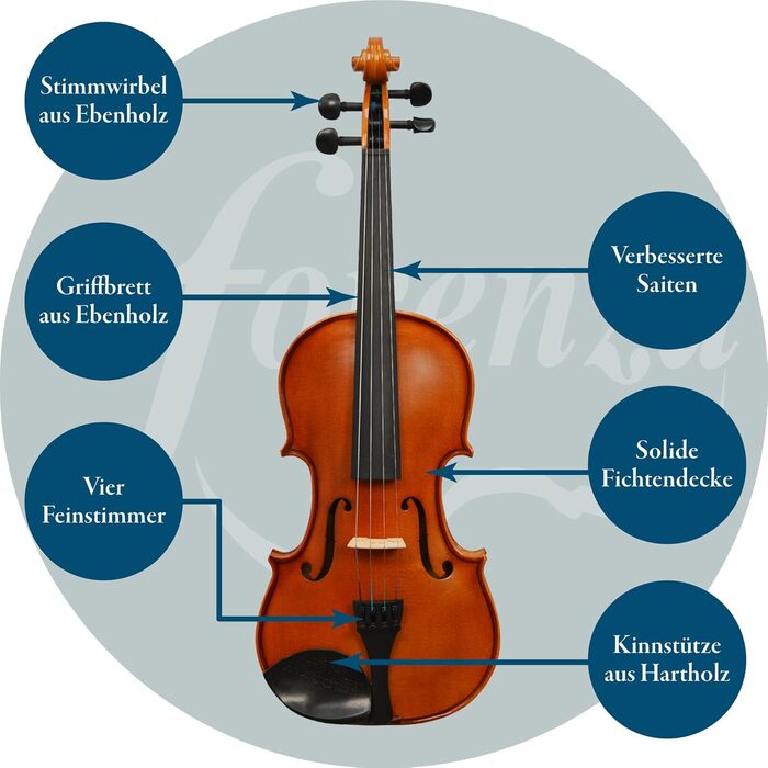 Скрипка Forenza Prima 2 4/4 - повний набір з ебонієвими накладками, кілочками, легким струною, дерев'яним луком, Розінг та сталевими пряжками. Повнорозмірна скрипка.