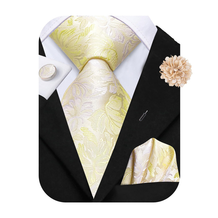 Краватка чоловіча Hi-Tie класична з краватковою галстуком та нагрудною хустиною (бежевий, слонова кістка)