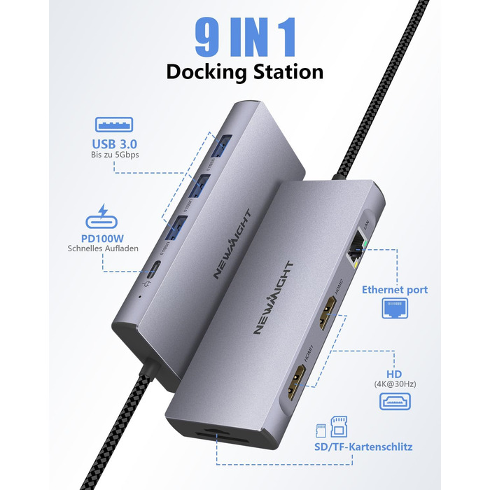 Док-станція для ноутбука Newmight з двома HDMI, підтримка 2 моніторів 4K, Ethernet 1 Gbps, PD 100W, 3 USB 3.0, SD/TF Reader, USB-C, сірий (HP/Dell)