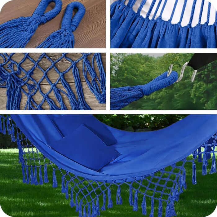 Гамак KRUMAD 260 см, до 250 кг, водостійкий, бавовна-поліестер, для саду, балкону, кемпінгу, з дерев'яними розпірками та сумкою (Синій, 150x200 см)
