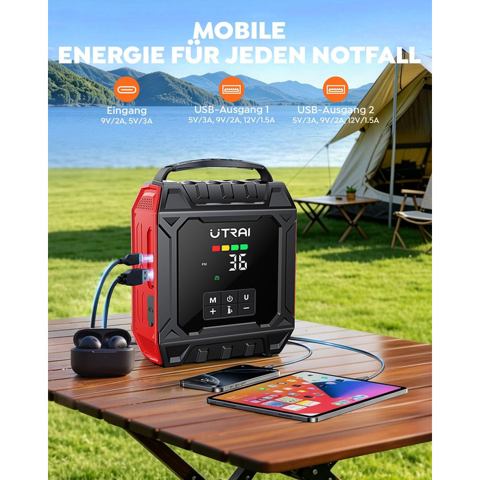 Пусковий пристрій UTRAI 7000A з компресором 160 PSI та Powerbank для авто (бензин, дизель до 12л), магнітний ліхтар 1000 Лм, 18 Вт, червоний