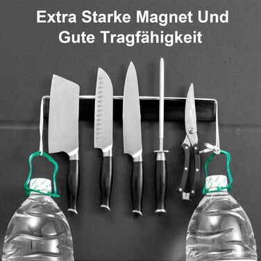 Improved 60cm Trhillsbrad Magnetic Knife Strip, 60cm Magnetic Knife Holder with 3 Hooks, Stainless Steel Knife Rail Self-Adhesive, Black Wall Mount Magnetic Strip No Drilling Knife Holder
