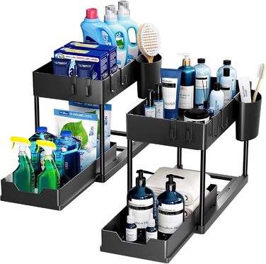 Puricon 2 Set Under Sink Shelf, Dish Cabinet Organizer, 2-Tier Stand Shelf Kitchen Countertop Organizer, Multifunctional Kitchen Shelf Spice Rack Under Sink Shelf Dish Cabinet Shelf - Black