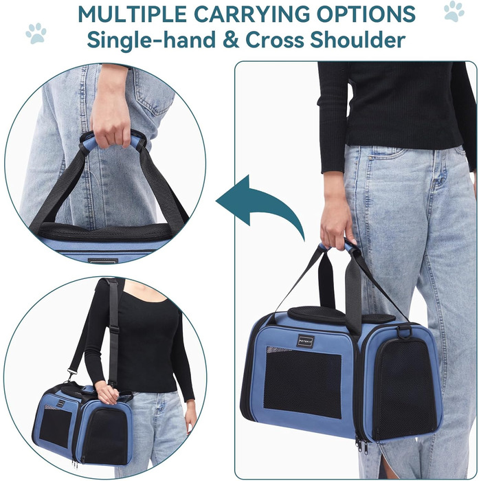 Транспортна переноска для котів та маленьких собак Petsfit, блакитна, S, з захисним ременем та розкладною матрацом