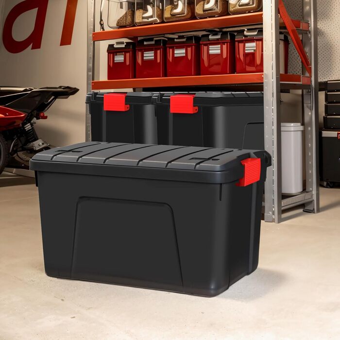 Iris Ohyama Large Plastic Storage Box, 60L Garage Storage Box, 3-Piece Set, SIA-60, Black, Stackable, Binder Clips? B59 x D39.5 x H35.5 cm