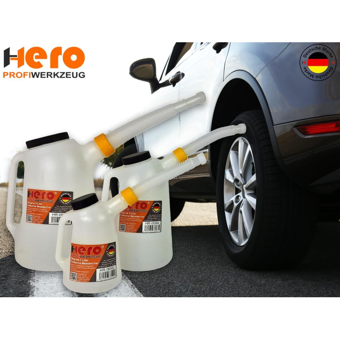 HERO Filling Can, Measuring Can, SET 1L + 3L + 5L Measuring Cups with Flexible Spout and Lid, Water Can, Car Oil Change, Automotive