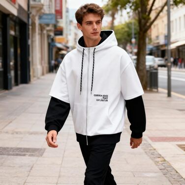 Чоловіча толстовка з капюшоном RUIZEHONG з блискавкою, блоковий колір, з кишенями, повсякденна, біло-чорна, розмір XL