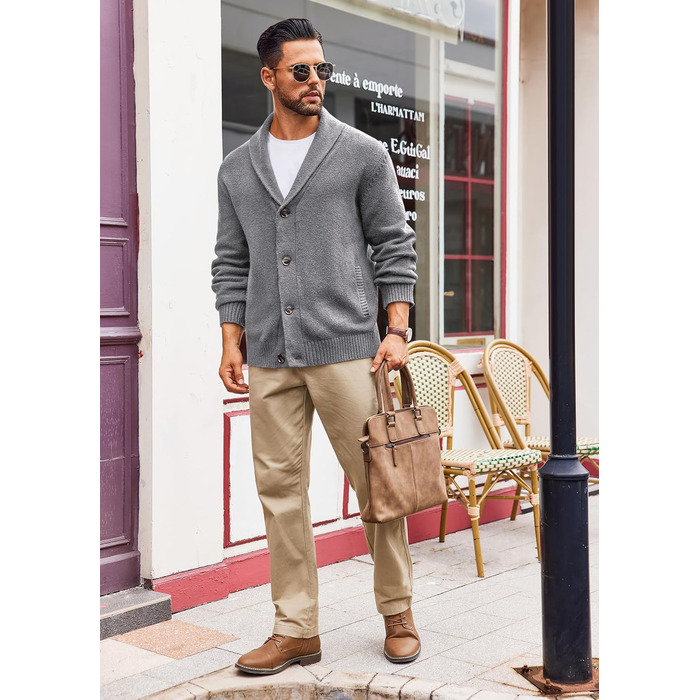 Чоловіча в'язана куртка Runcati з коміром-шарфом, стильна, на ґудзиках, зимова, з рельєфним в'язанням, груба в'язка (M, сіра)