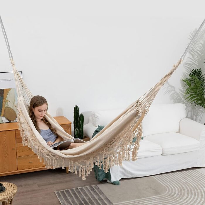 Гамак Boho для двох осіб, до 204 кг, з чохлом, бежевий, для саду, патіо, дому, вуличний