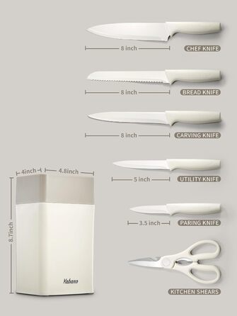 Набір кухонних ножів Yabano, 7 предметів: ніж кухарський, ніж для хліба, ніж для овочів, ніж для м'яса, ніж для чистки, ніж для стейка, ніж для овочів з інтегрованим точилом та пластиковим блоком (білий)