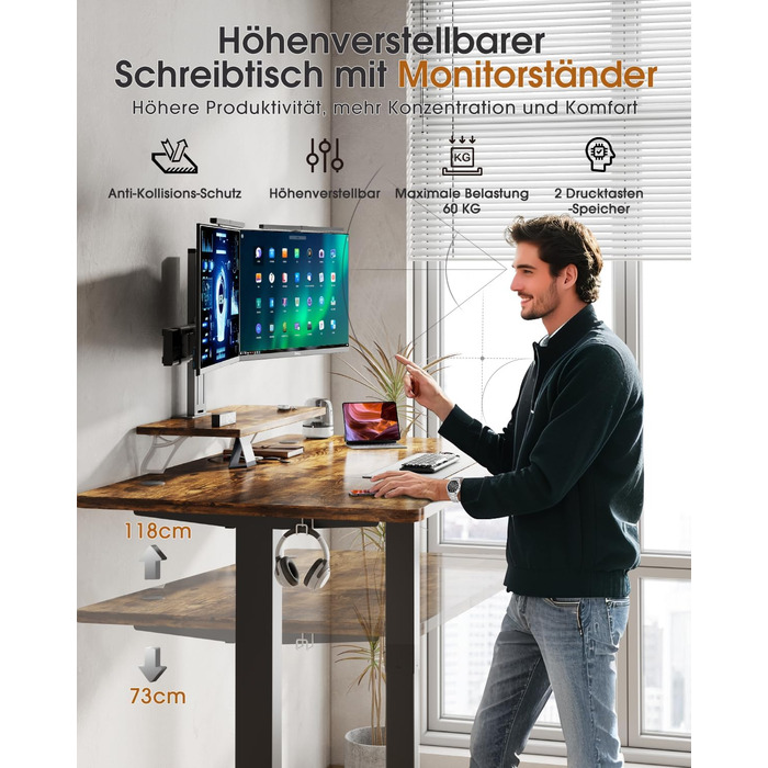 Adjustable Height Standing Desk with Monitor Stand - Electric Ergonomic Desk, 120x60cm & 180x80cm White/Vintage Brown