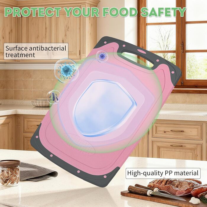 Набір з 3 дерев'яних обробних дощок з пластику, великі, кухонні, з антибактеріальним покриттям, з жолобом для соку та пресом для часнику, червоного, жовтого, зеленого кольорів