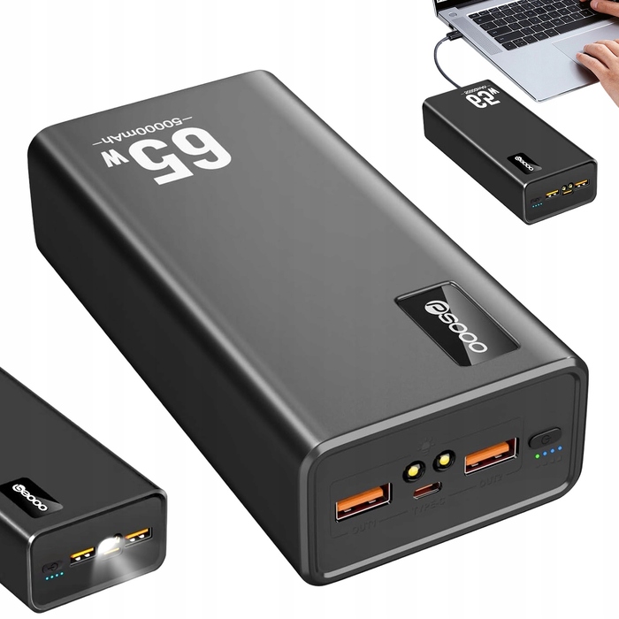 Потужний павербанк 50 000 mAh, чорний, з 4 USB-портами та швидкою зарядкою
