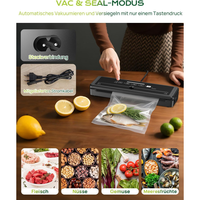 Вакуумний пакувальник 5-в-1 для продуктів харчування: сухий/вологий режим, зберігає свіжість до 7 разів довше, 70 кПа, вбудований різак, шланг, 10 пакетів
