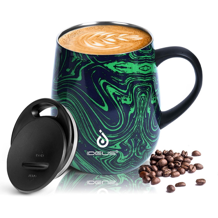 Кружка для кави та чаю Ideus 470 мл з подвійними стінками, нержавіюча сталь, з неслизьким ручним тримачем та кришкою-відкидником, великий об'єм (Трав'яний зелений)