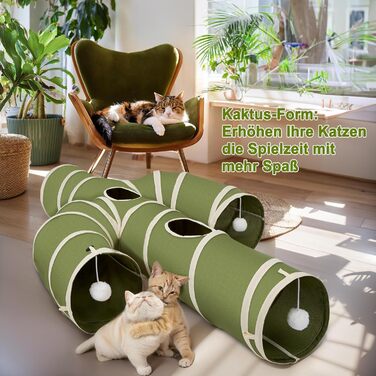 Cat Tunnel Toy, Collapsible Cat Tunnel for Indoor Cats, Interactive Peek-a-Boo Hole, Pet Tunnel with Cat Wand Toy (Cactus Shape, XXL (30cm*150cm))