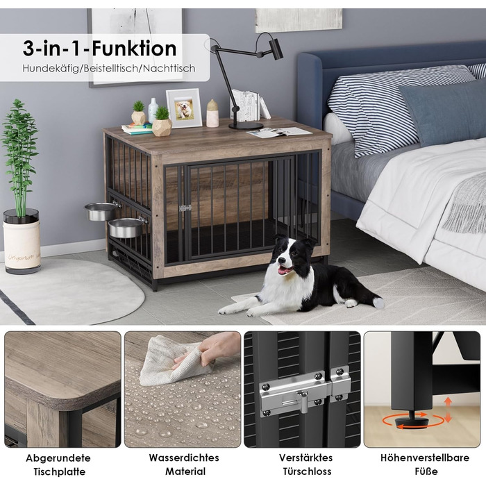 Дерев'яна собача будка/переноска для дому, 93x64x58 см, з піддоном та мисками, для собак середніх та маленьких порід (до 40 кг), білий/сірий колір