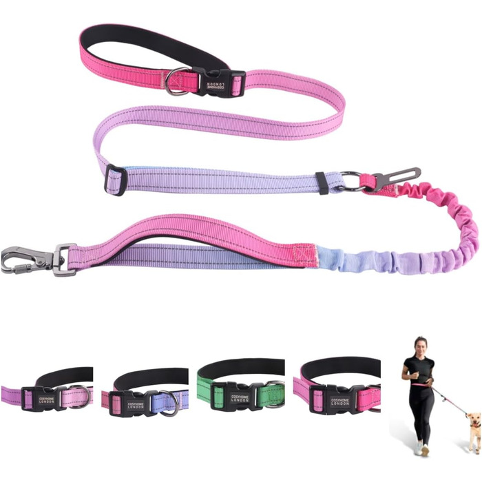 Міцна повідець для собак COSYHOMELONDON, без натягу, з амортизатором, для прогулянок та тренувань, з кріпленням для авторемня, 1,2 - 1,8 м, фіолетовий