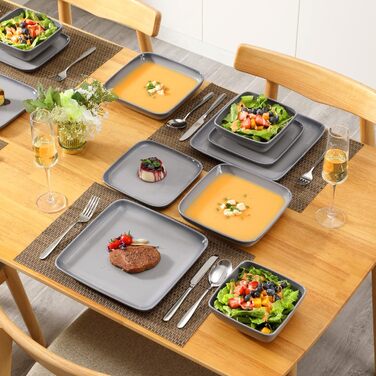 LOVECASA Сервіз набір Vibri, 16 частин, квадратний з каменю, сервіз для 4 осіб | Тарілки, чашки, десертні тарілки та миски, сірий, 16-частинний сервіз