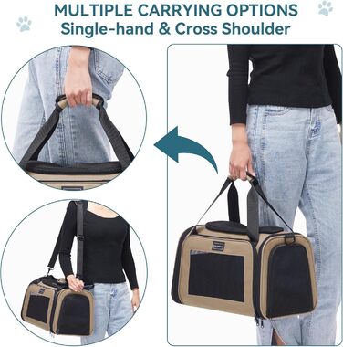 Транспортна переноска для котів та маленьких собак Petsfit, легка сумка-переноска для собак та котів, підходить для подорожей літаком, з ременем безпеки та розширеним килимком, S/Khaki