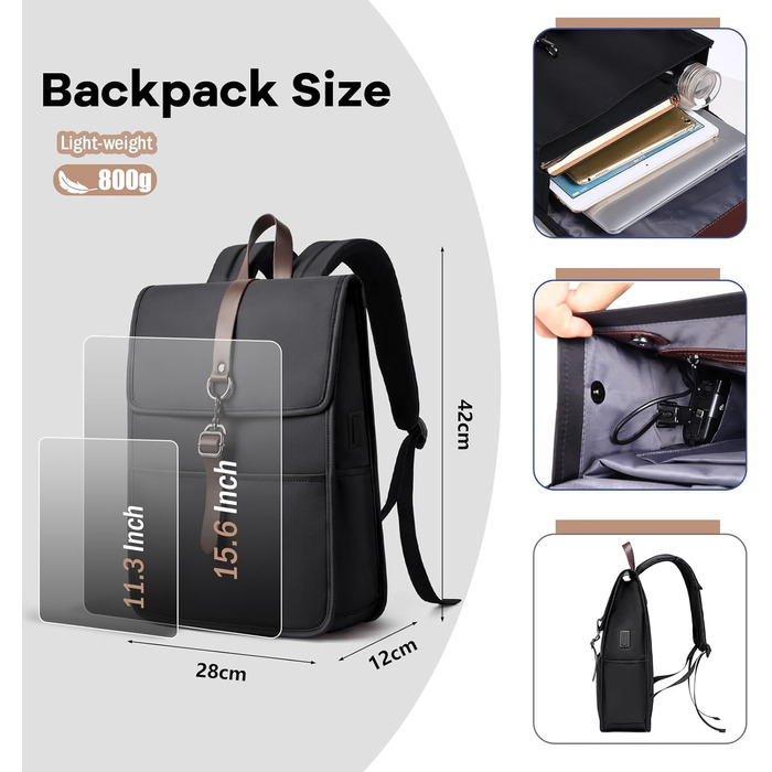Рюкзак для ноутбука чоловічий/жіночий, 15.6 дюймів, з USB-портом, для подорожей, навчання, велосипеда (Чорний)