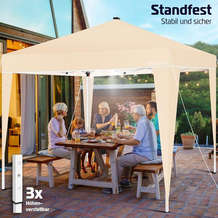 KESSER® Pavilion Folding Pavilion 3x3m with LED Lighting | Pop-Up Garden Pavilion Height Adjustable, Stable, Waterproof, Winterproof | Party Tent, Event Tent, UV Protection 50+ including Remote Control & Bag Beige