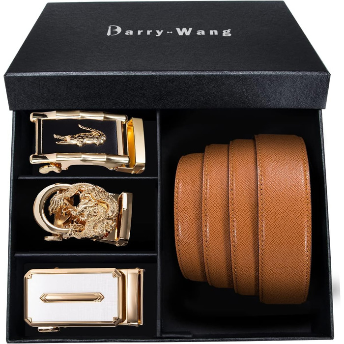 Чоловічий шкіряний ремінь Barry.Wang чорного кольору з автоматичною пряжкою (3 позиції), регульований бізнес-пояс, довжина 130 см, у подарунковій коробці