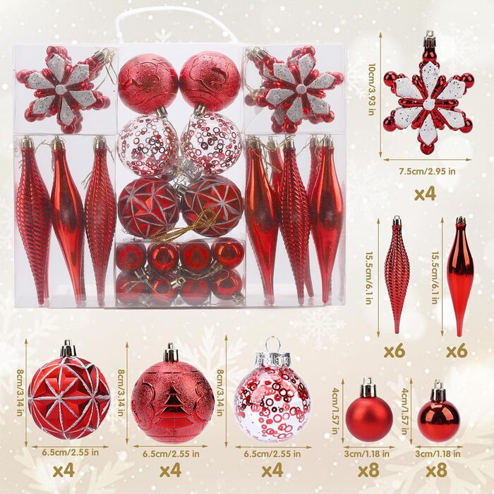 40 шт. прикрас на ялинку, міцні кулі, декор для ялинки, орнаменти (червоні)