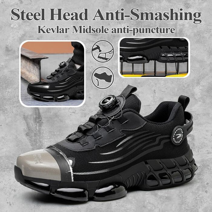 Робочі черевики: захисні черевики для чоловіків та жінок, з металевим підноском, антипрокольні, легкі, спортивні, дихаючі, самозачинені, з швидкою застібкою, модні, захисні черевики 36-46 EU (46 EU, Чорний 266)