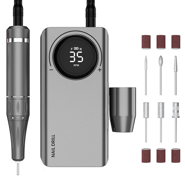 Електричний фрезер для манікюру та педикюру Delanie з акумулятором, 35000 об/хв, для гелю, акрилу та видалення кутикули, з LED-дисплеєм, USB-зарядка (сірий)