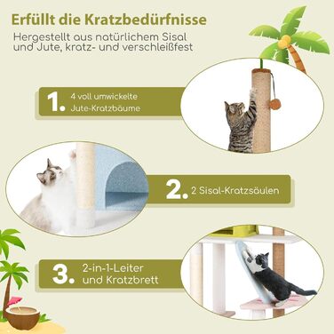 Дряпка для котів COSTWAY 97 см з печерою та лежанками, кігтеточка з сизалевого мотузка та дерев'яною основою, активний комплекс для котів, зелений+бежевий