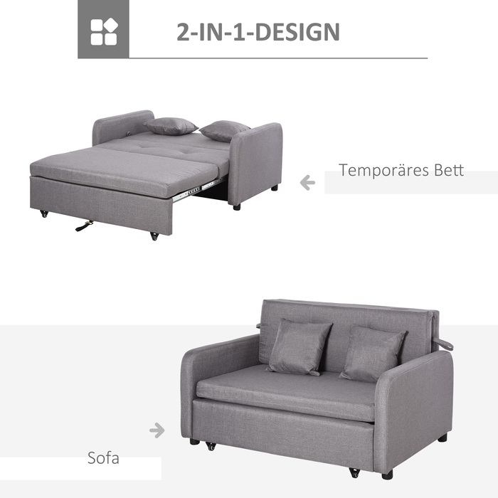 HOMCOM Sleeper Sofa, Sleeper Couch with Storage, Throw Pillows, Armrests, 2-Seater Sofa Bed with Sleeping Function, Linen Look, Upholstered Couch with Wheels for Living Room, Bedroom, Grey | Aosom