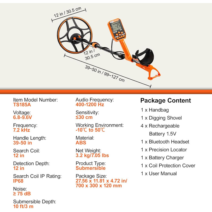 Металодетектор VEVOR Profi: 30 см котушка, 7 режимів, IP68 (до 3 м), пошук золота, Bluetooth-гарнітура, точне визначення місця розташування
