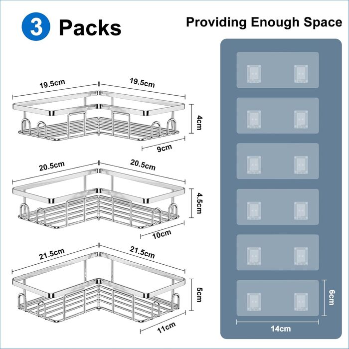 Набір з 3 кутових полиць для душу без свердління, вологостійкий та антикорозійний, органайзер для ванної кімнати, тримач для шампуню та гелю для душу (чорний та срібний)