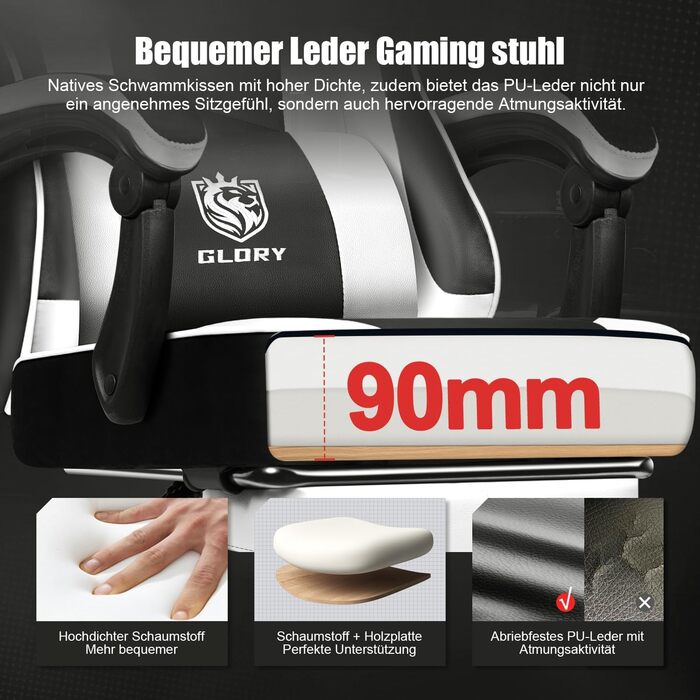 Геймерське крісло з підставкою для ніг, біле, до 150 кг - Ergonomischer Gaming Stuhl