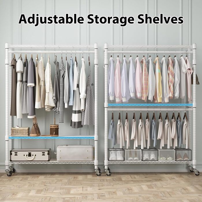 Double Clothes Rack/Garment Rod with Adjustable Shelves, Heavy-Duty Clothes Rack with 2 Hooks, Clothes Rack with Wheels, 90 * 42 * 205cm, White