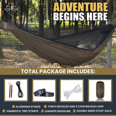 Onewind Premium 11' Camping Zippered Hammock, Single Portable Hammock with Mosquito Net and Tree Straps for Travel, Camping, Backpacking, and Hiking… (Braun, 335cm*162cm)