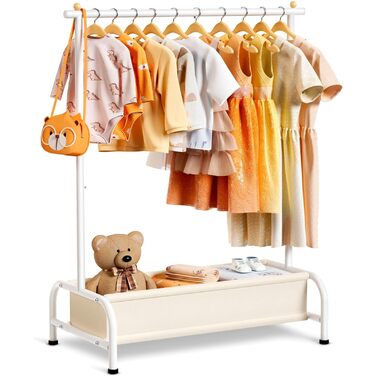 Детский вешалка для одежды MISSLO с корзиной, белая. Компактная стойка для хранения детской одежды, выдерживает большую нагрузку. Размеры: 38 x 81 x 114 см