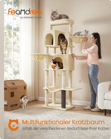 Двоповерховий котячий будиночок Feandrea з 2 печерами, 2 лежаками, 5 стовпчиками для шліфування та великою платформою, 175 см, пісочно-бежевий