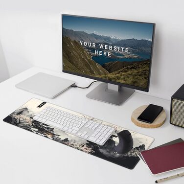 Килимок для миші для геймінгу, чорний, з принтом Канагава, великий, 80 x 30 см, нековзна гумова основа, водонепроникний, з прошитими краями, для геймінгу, офісу, дому