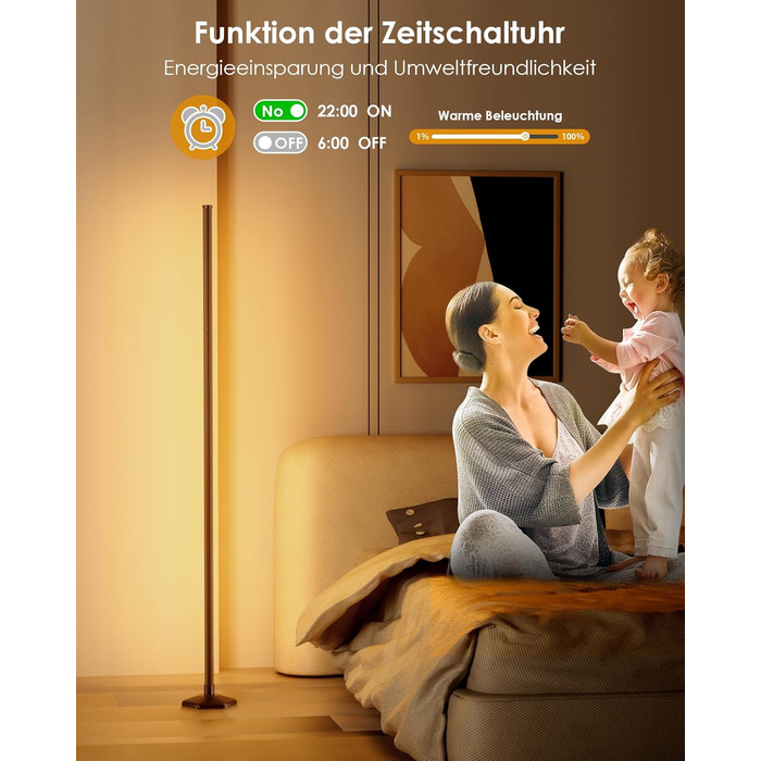 LED-підлогова лампа WISIMMALL з RGBIC підсвічуванням, 170 см, диммування, керування пультом/додаток, 16 млн кольорів, 300 режимів, музичний синхронізатор для вітальні, спальні, ігрової кімнати