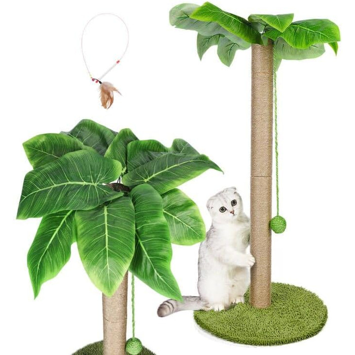 Kratzbaum, 31.5 inches (80cm) High Scratching Post, Cat Tree, Scratching Trunk for Medium and Small Cats, Natural Sisal Scratching Post with Interactive Plush Ball, Beige (Round Palm Style Scratching Trunk)