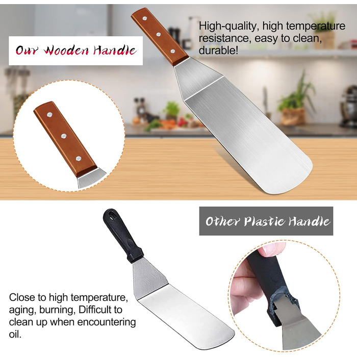 Набір інструментів для гриля MAIKEHIGH: 8 штук з нержавіючої сталі. Професійний шпатель, лопатка, щипці для BBQ, Teppanyaki, кемпінгу та гриля на плоскій поверхні.