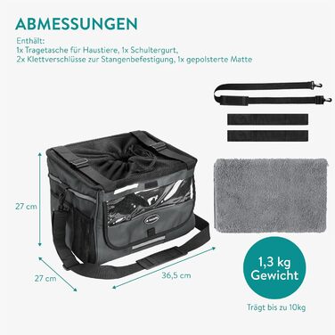 Корзина для собак Navaris на велосипед - сіра, до 10 кг, з додатковими кишенями