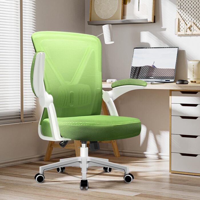 Ергономічне крісло для офісу з регульованою поперековою підтримкою, відкидними підлокітниками, поворотним механізмом і регулюванням висоти, зелене