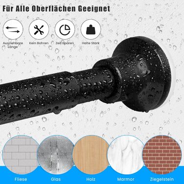 Тeleskopна штанга для душу без свердління, 72-254 см, чорна (Ø25 мм)