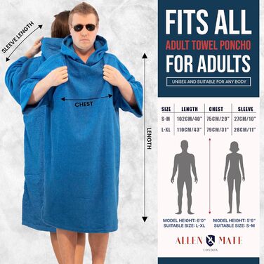 ALLEN & MATE Adult Hooded Towel Poncho, 100% Terry Cotton, Wrap Robe for Swimming, Surfing, and Beach Bathing