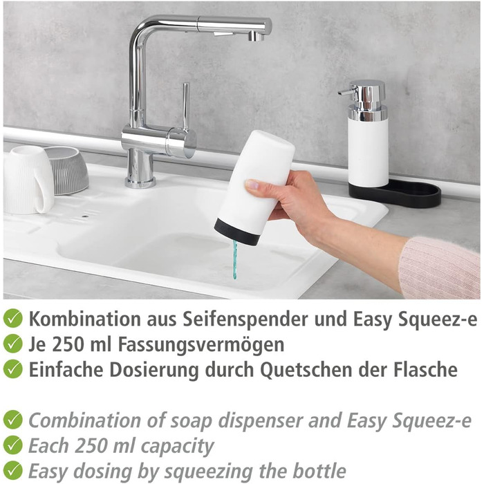 WENKO Easy Squeez-e станція для миття посуду, біла, дозатор для мила і миючого засобу, 0.25 л